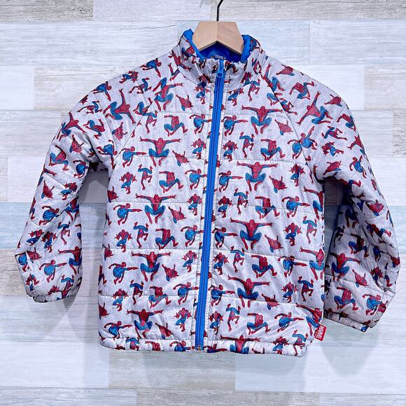 Spiderman Disney Store Puffer Jacket Gray Graphic Full Zip Insulated Boys 5 6 - Picture 1 of 5